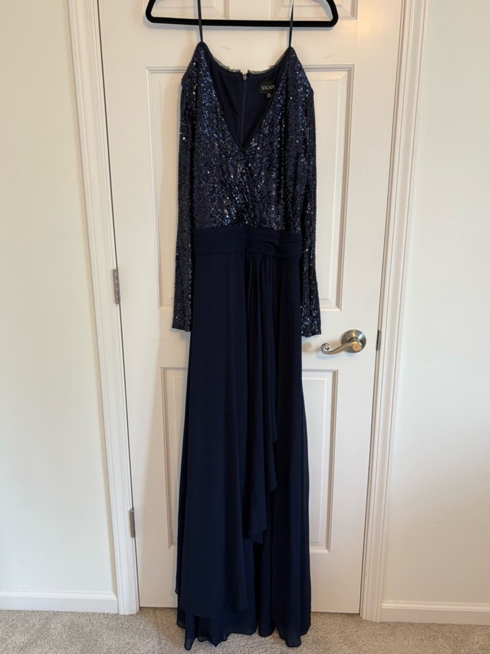 Xscape navy sequin long sleeve v-neck maxi dress size 14